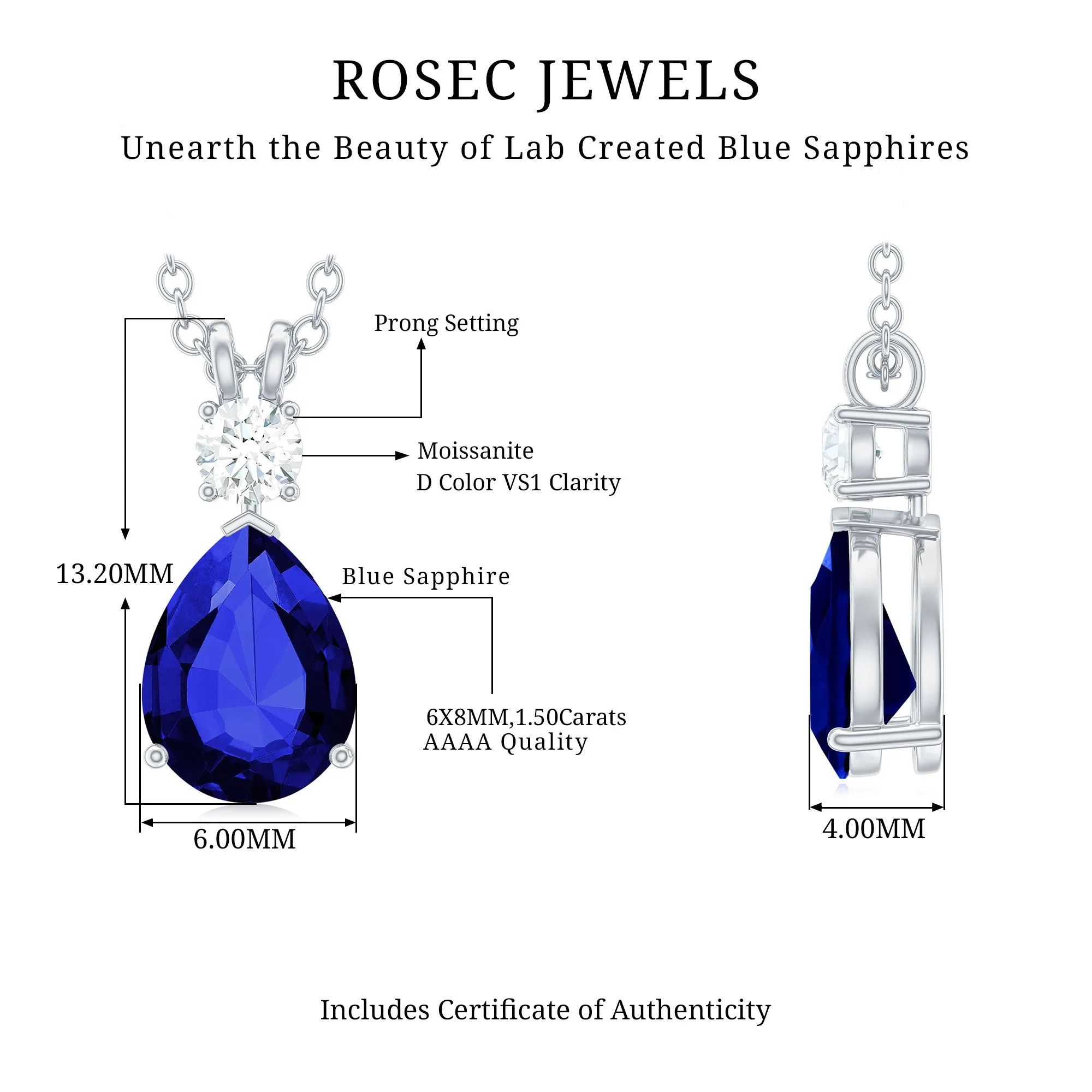 Created Blue Sapphire and Moissanite Modern Teardrop Pendant