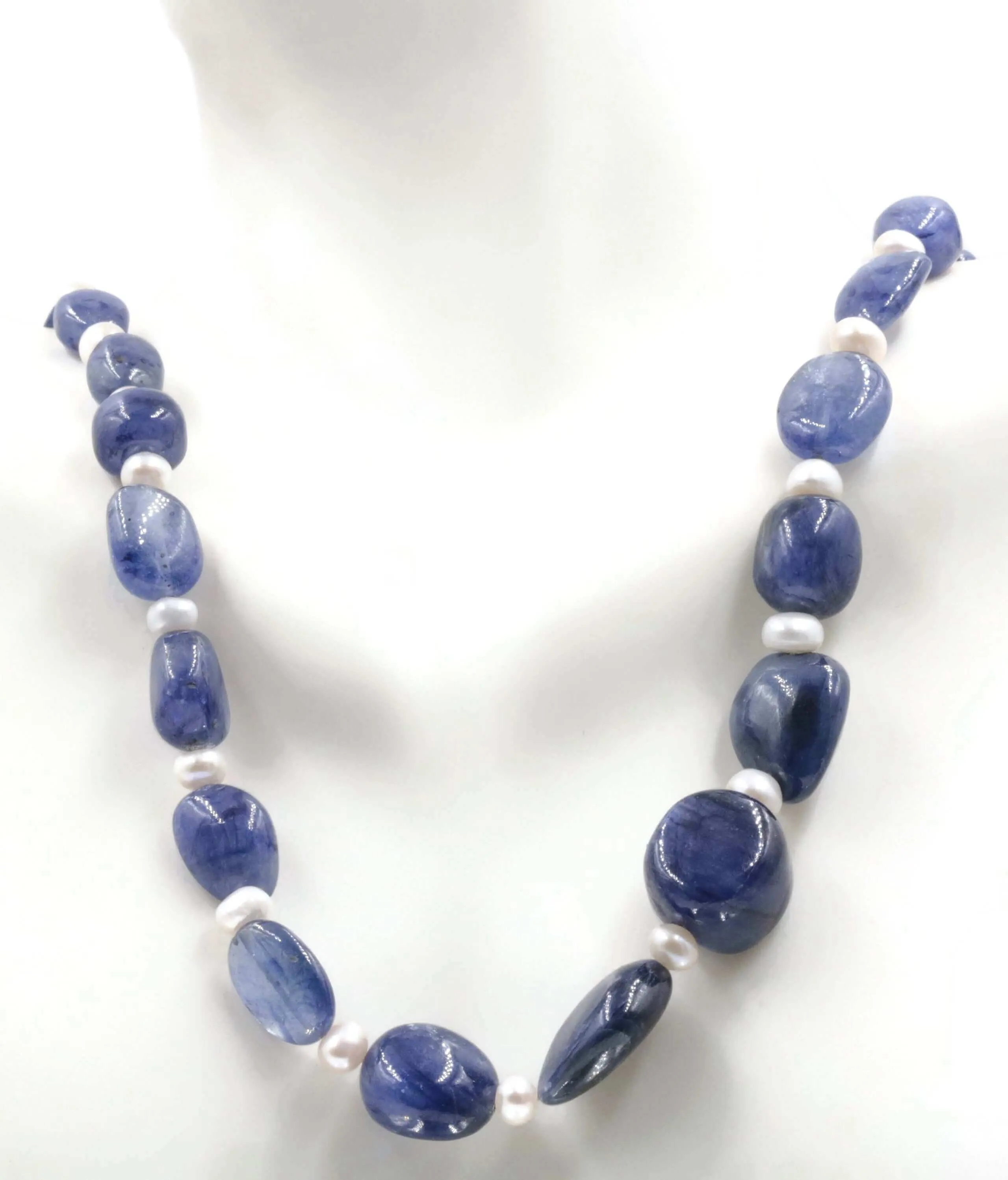 Genuine Blue Sapphire and Cultured Pearl Beaded Necklace Sapphire September July BirthstoneSapphire Necklace Pearl Necklace SKU 6142671
