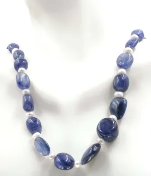 Genuine Blue Sapphire and Cultured Pearl Beaded Necklace Sapphire September July BirthstoneSapphire Necklace Pearl Necklace SKU 6142671